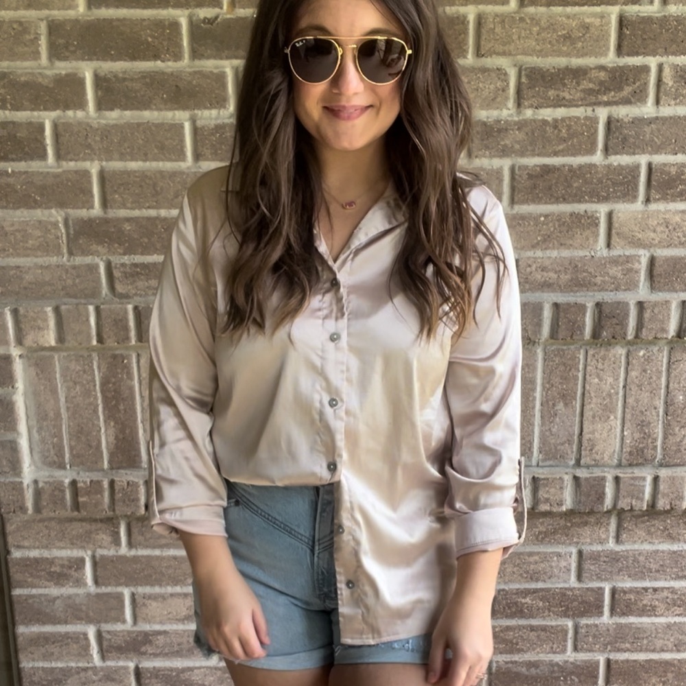 She and sky beige silk button up